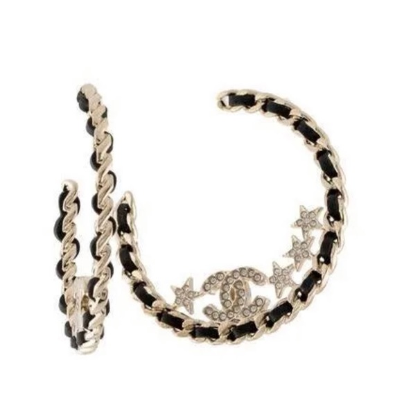 CHANEL CC Chain Hoops, Metal Leather Gold Earrings - Bellisa